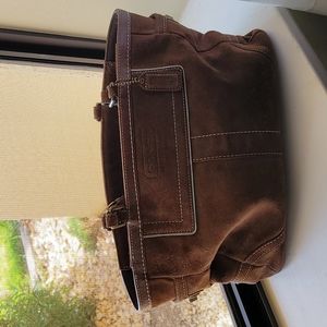 Chocolate 8B03 Hampton Brown Suede Coach shoulder bag with Tiffany blue trim